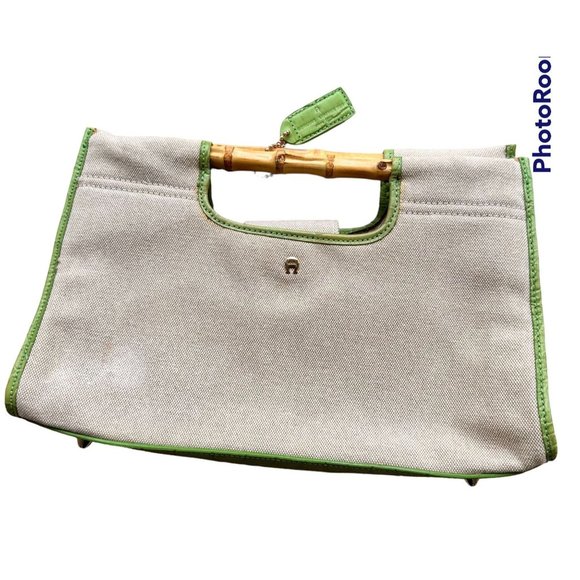 Vintage Etienne Aigner Canvas Leather Handbag Bamboo Handles Snap Closur… - Picture 1 of 12